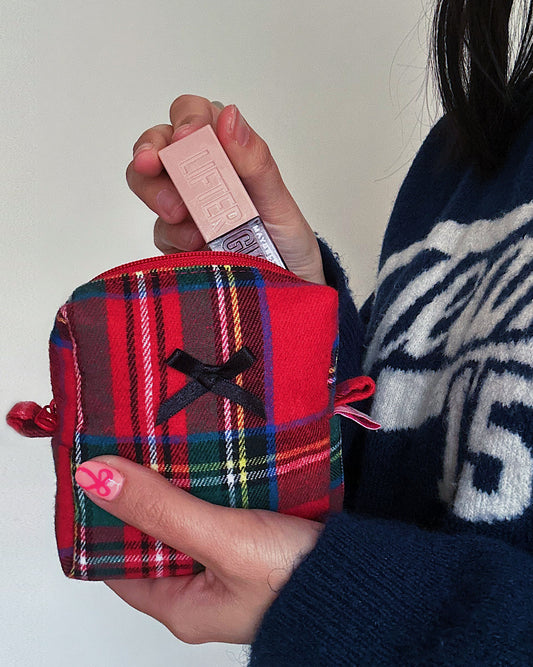 Red tartan large makeup bag with black embroidered lace ruffles and bow, padded Christmas cosmetic pouch.