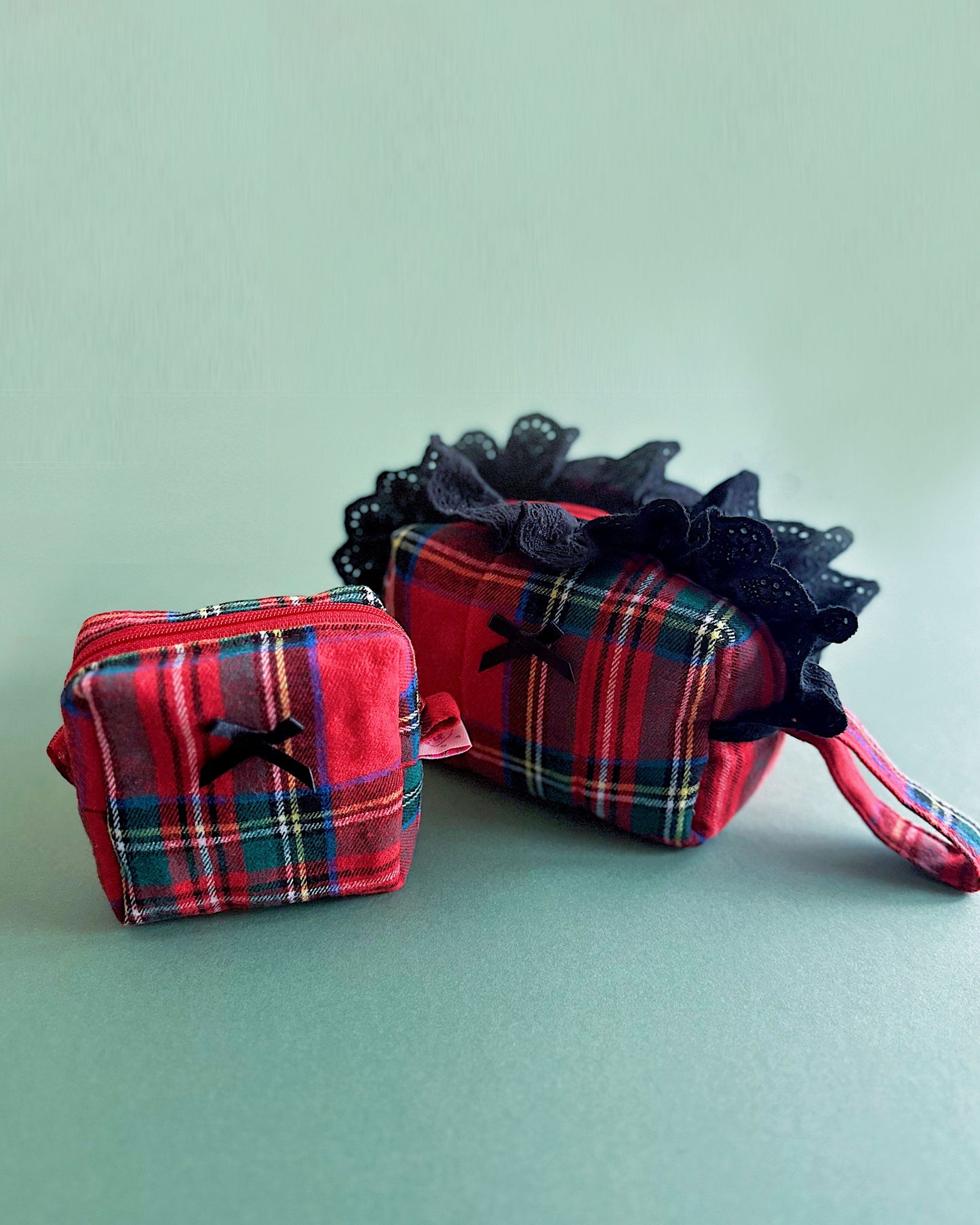 Red tartan large makeup bag with black embroidered lace ruffles and bow, padded Christmas cosmetic pouch.