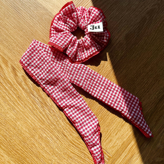 Red Gingham Scrunchies with long tail, 2 Way scrunchie