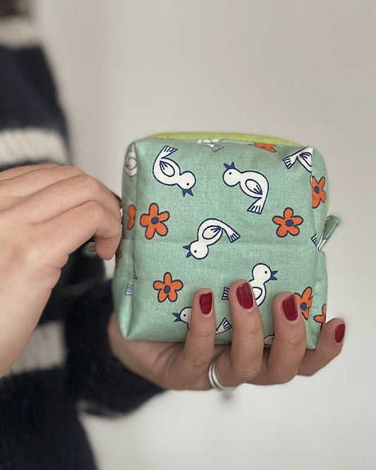 Cute Bird & Flower Print Square Zipper Pouch | Handmade Cube Bag