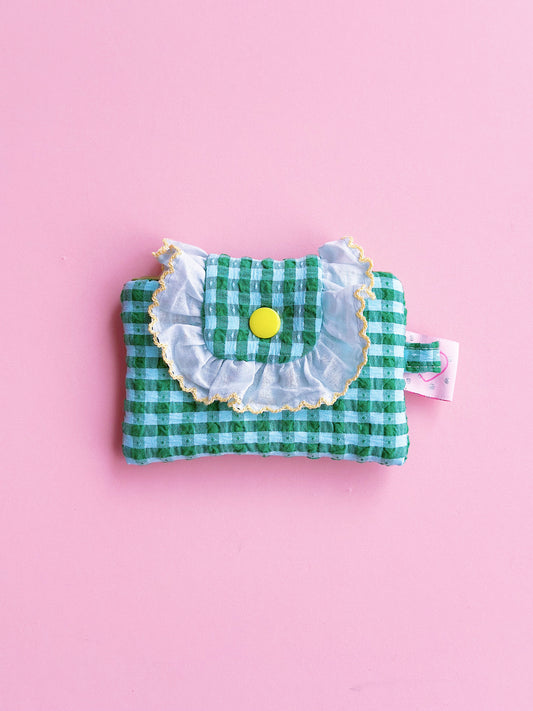 Green Gingham Ruffles Card Holder | Handmade Padded Snap Wallet