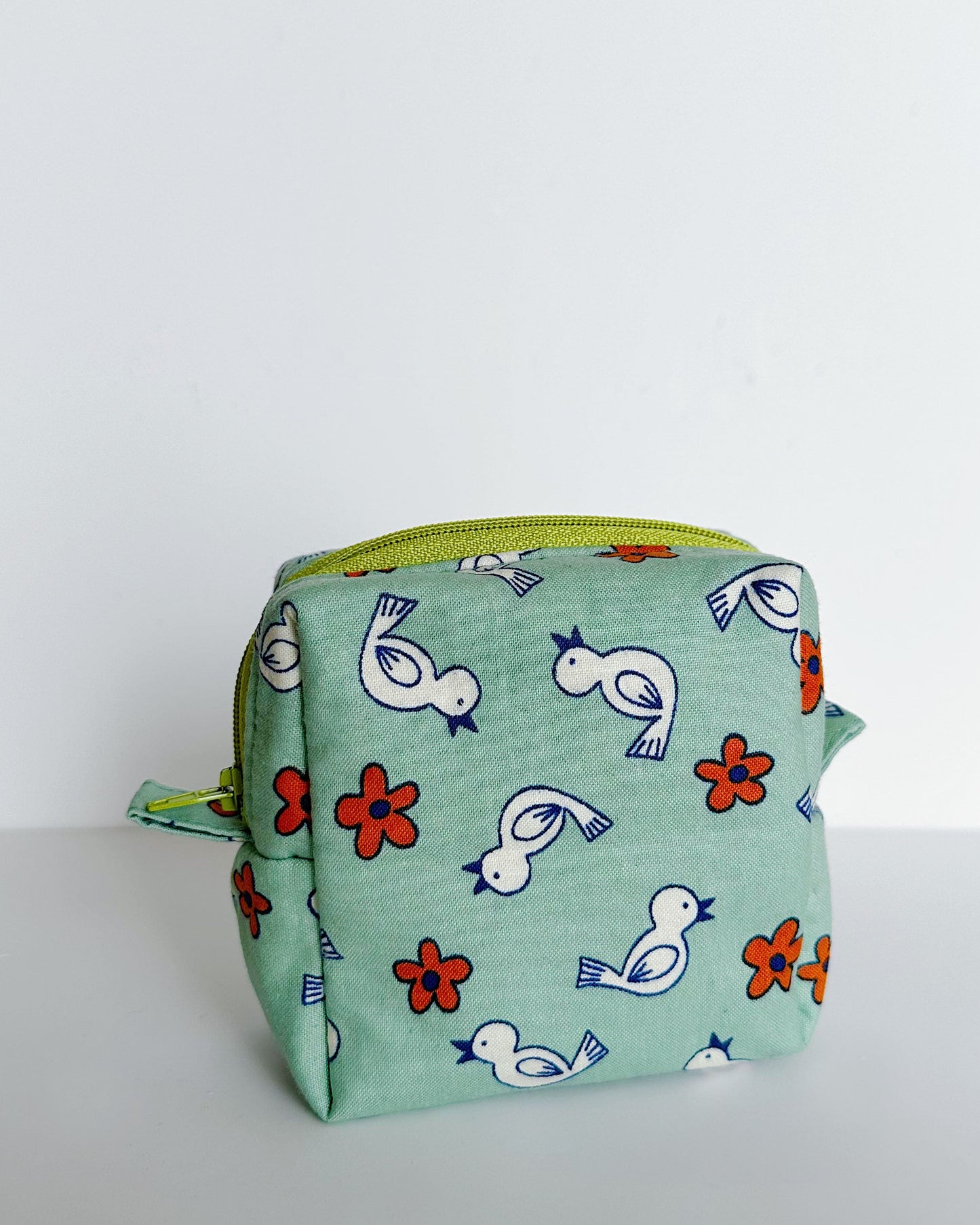 Cute Bird & Flower Print Square Zipper Pouch | Handmade Cube Bag