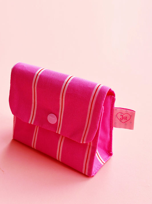 handmade pink and white striped snap pouch with contrasting snap button