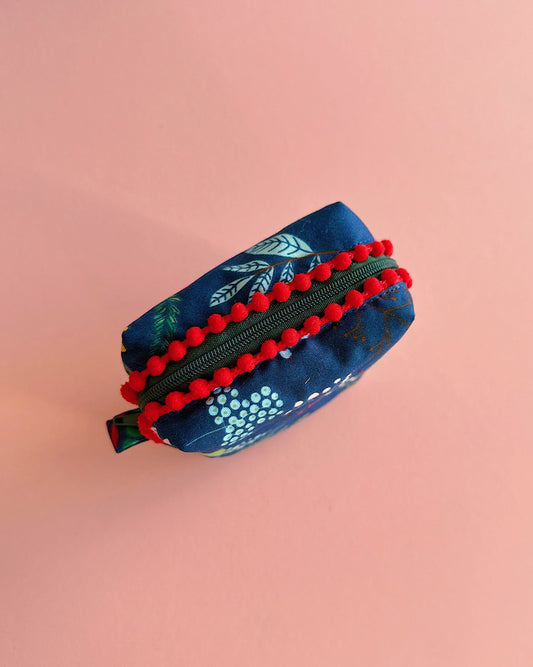 Navy Christmas Floral Pom Pom Zipper Pouch