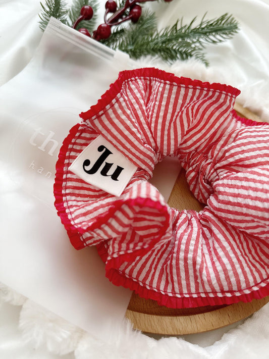 Oversized Red Stripy Scrunchies, Double layer Stripe Scrunchies, Holiday Scrunchies for her Valentines gifts , Red Jumbo hair tie