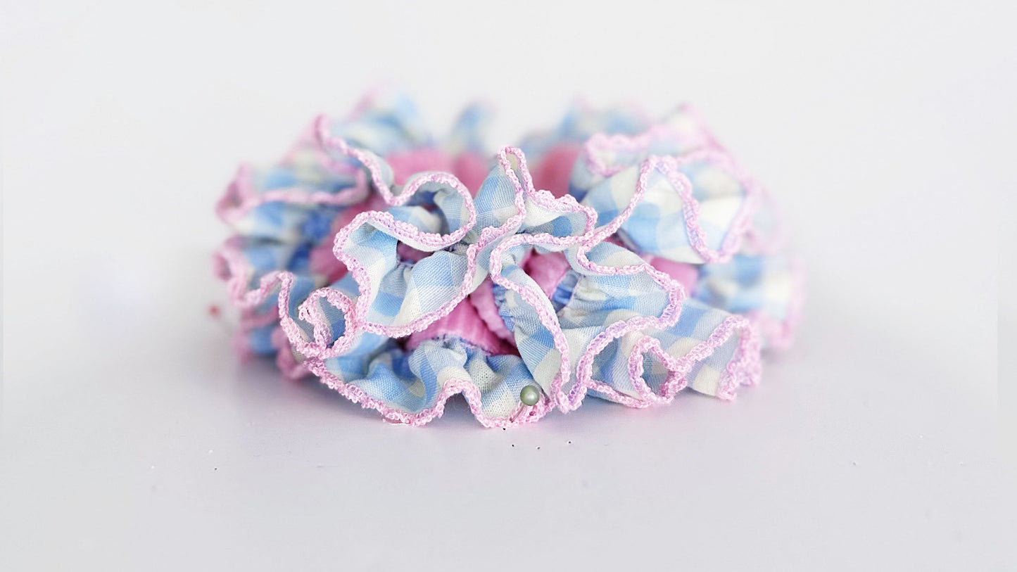 Pink Gingham Delight Scrunchie – Pastel Ruffle Velvet Hair Accessory