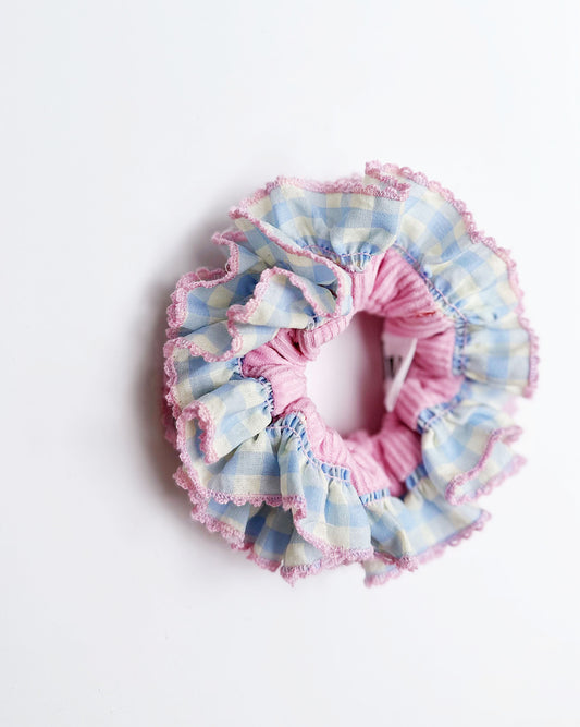 Pink Gingham Delight Scrunchie – Pastel Ruffle Velvet Hair Accessory