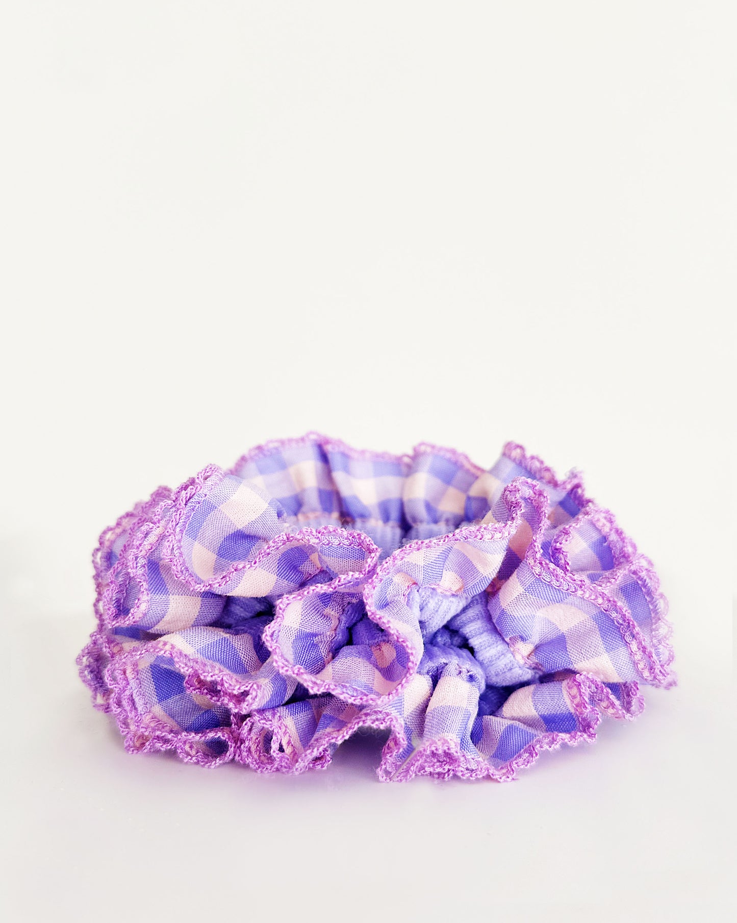 Lavender Frost Gingham Scrunchie – Festive Pastel Hair Tie