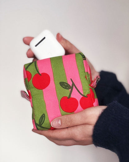 Cherry Print Make Up Pouch | Padded Cube Zipper Bag