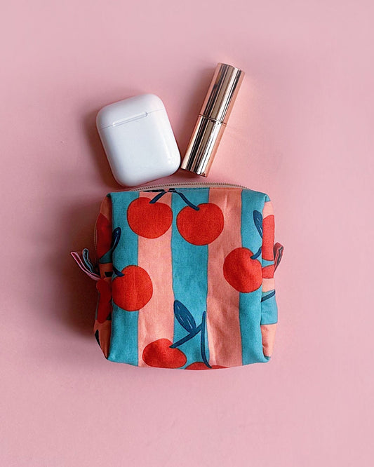 Cherry Print Make Up Pouch | Padded Cube Zipper Bag