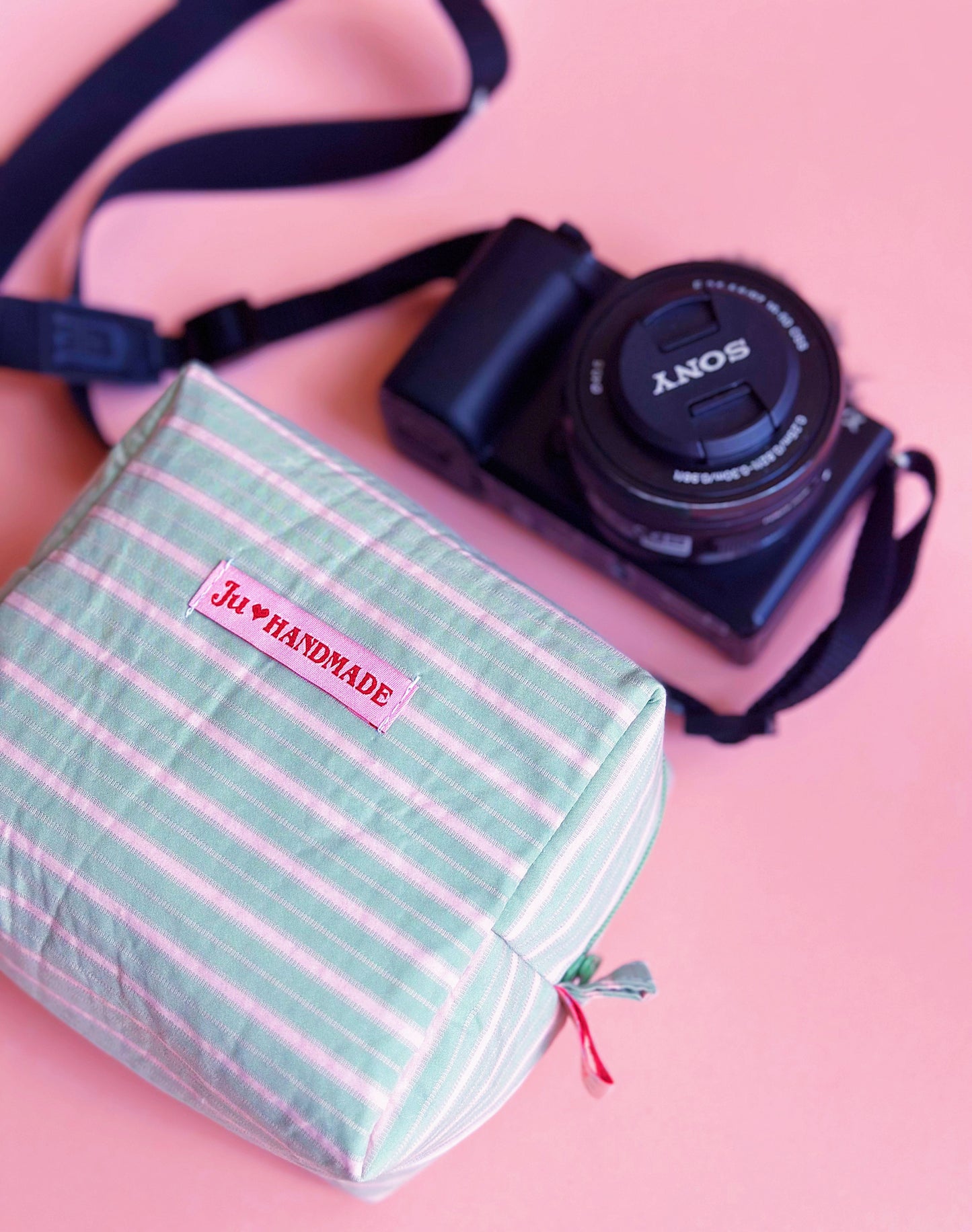 Pastel Striped Camera Pouch｜Handmade Make Up Pouch | Cute bag for Camera