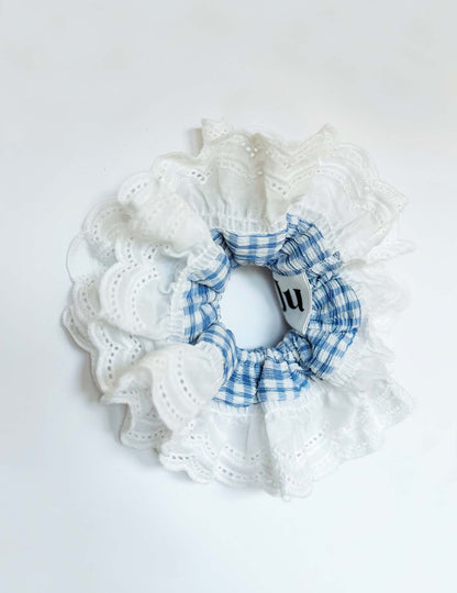 Oversized Blue Gingham Ruffles Scrunchies