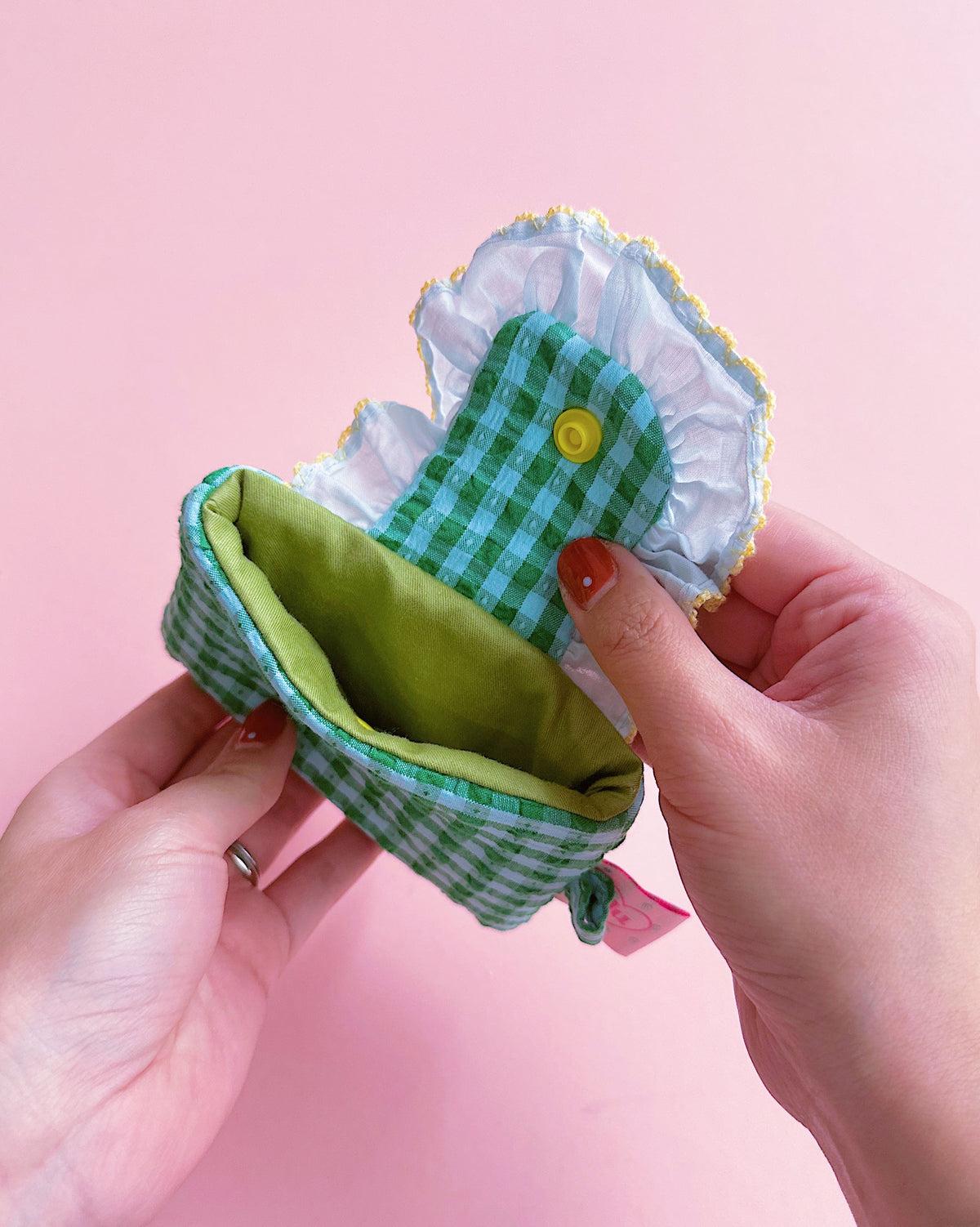 Green Gingham Ruffles Card Holder | Handmade Padded Snap Wallet
