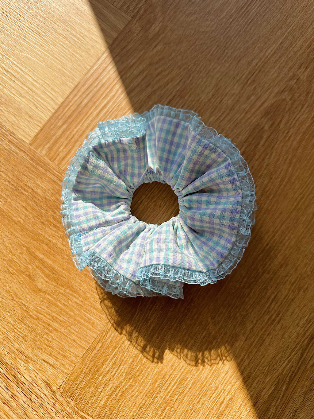 Jumbo Pastel Blue Gingham Scrunchies