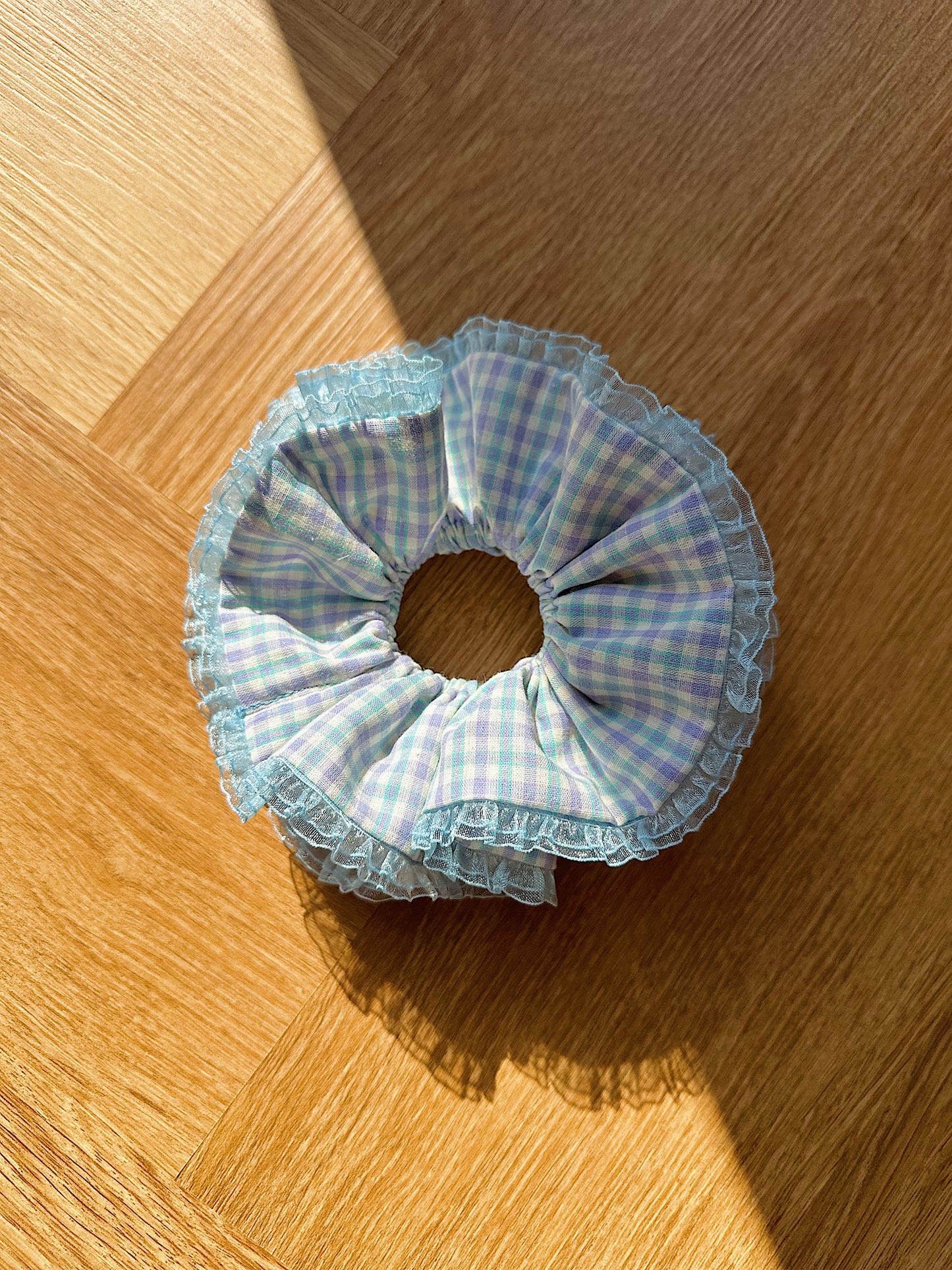 Jumbo Pastel Blue Gingham Scrunchies