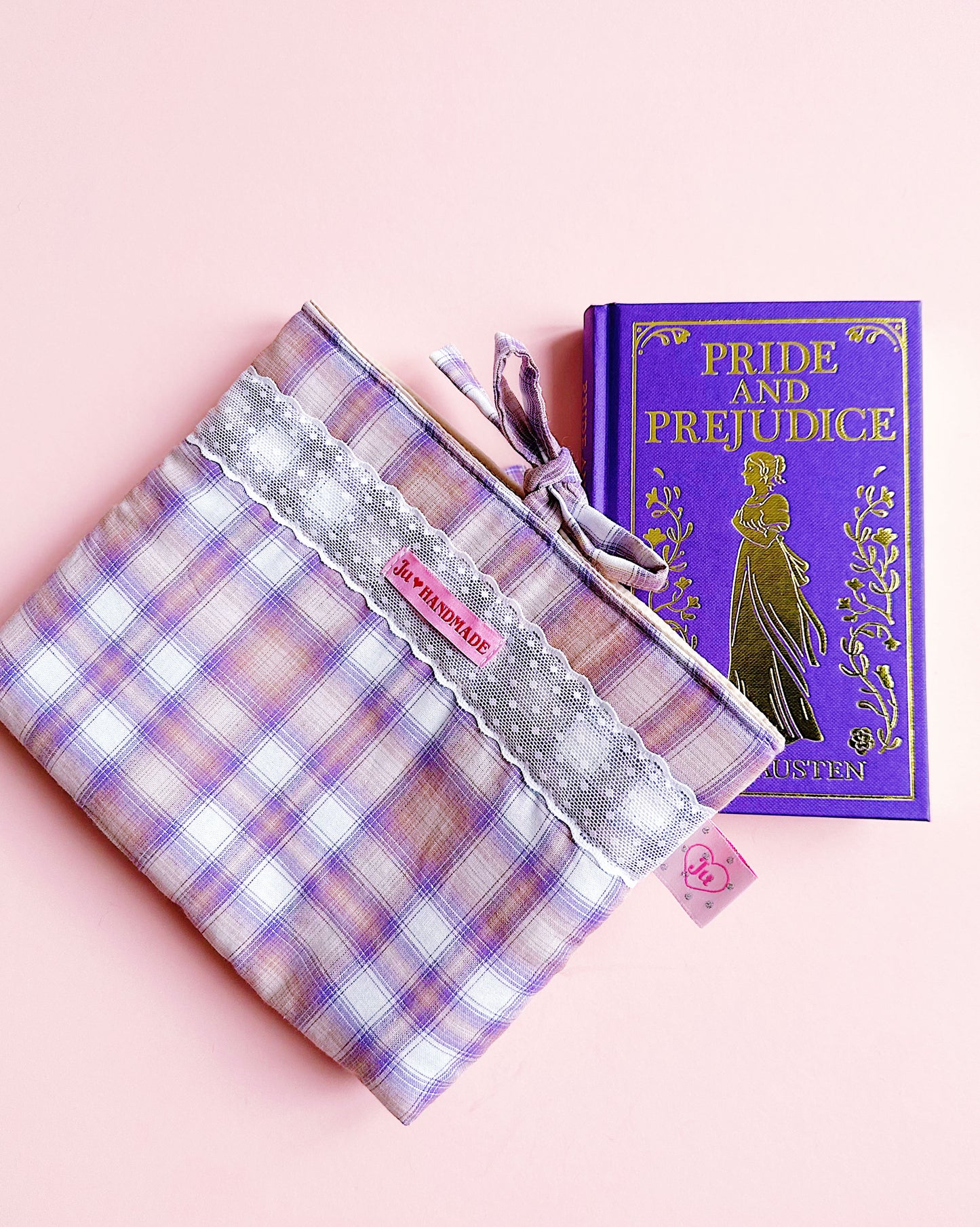 Lavender Plaid Quilted Book Sleeve with Lace & Bow