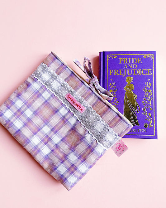 Lavender Plaid Quilted Book Sleeve with Lace & Bow