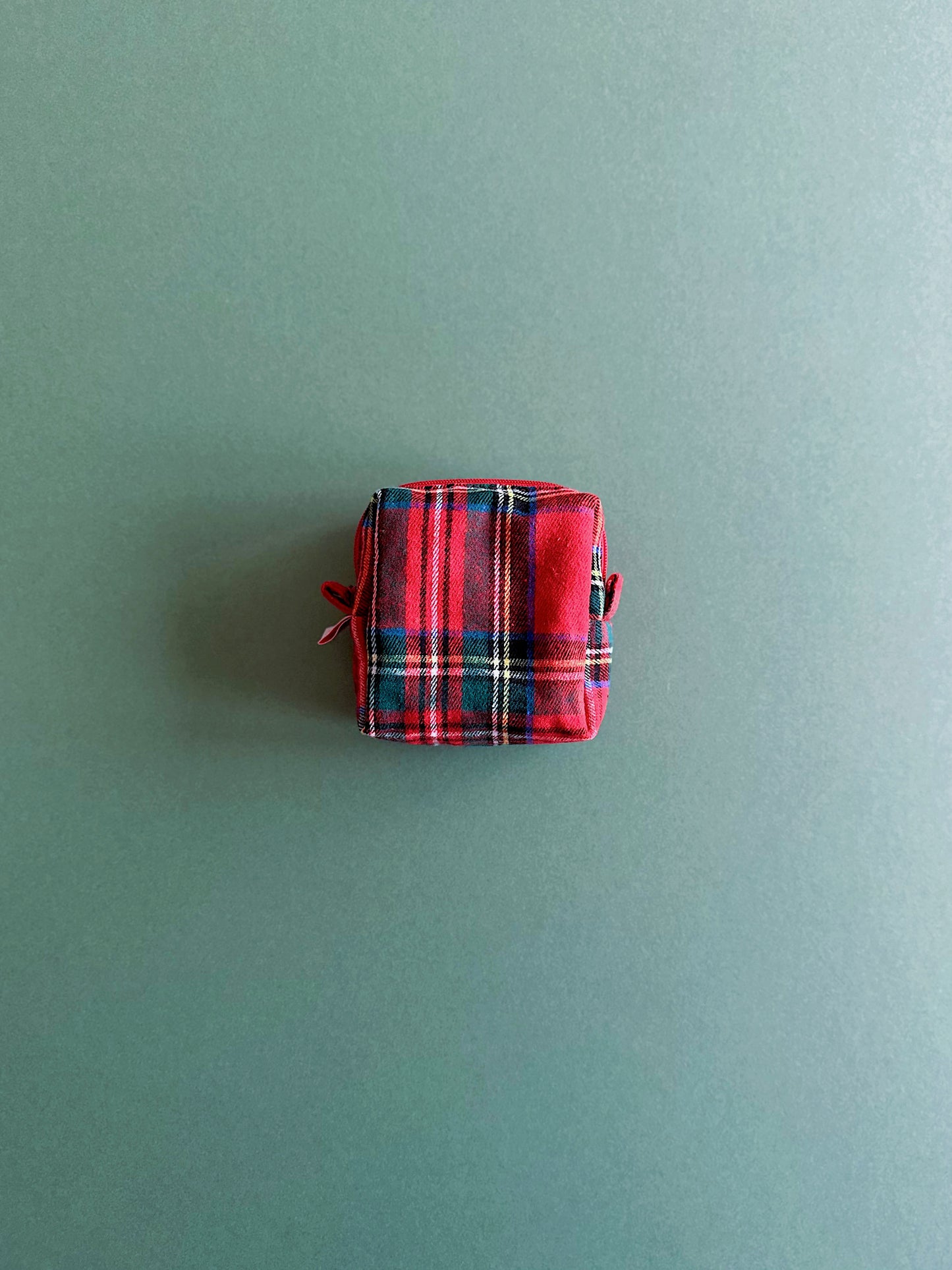 Red tartan large makeup bag with black embroidered lace ruffles and bow, padded Christmas cosmetic pouch.