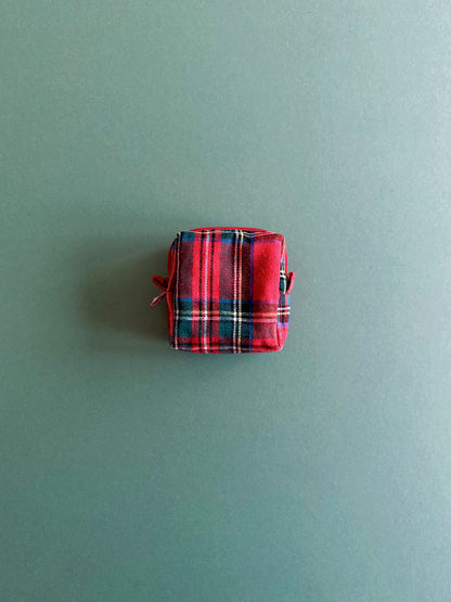 Red tartan large makeup bag with black embroidered lace ruffles and bow, padded Christmas cosmetic pouch.