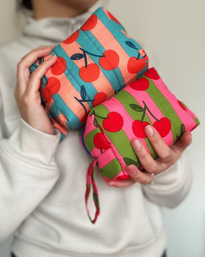 Cherry Pop Zipper Pouch – Soft Quilted Makeup Bag 2 Color