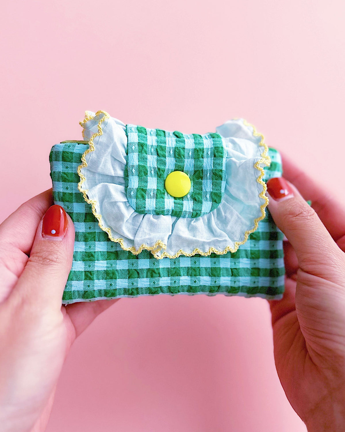 Green Gingham Ruffles Card Holder | Handmade Padded Snap Wallet