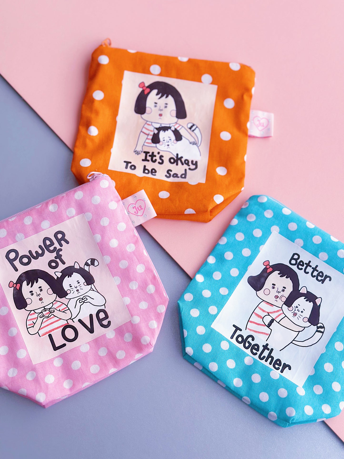 Cute Illustrated Pouch | Zip Polka Dot Cosmetic Bag