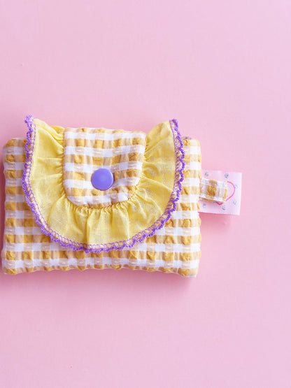Yellow Gingham Ruffles Card Holder | Handmade Cute Padded Snap Wallet