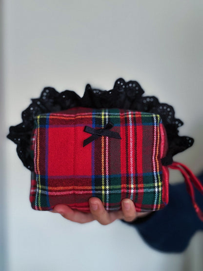 Red Tartan Mini Pouch – Padded Cube Zipper Bag