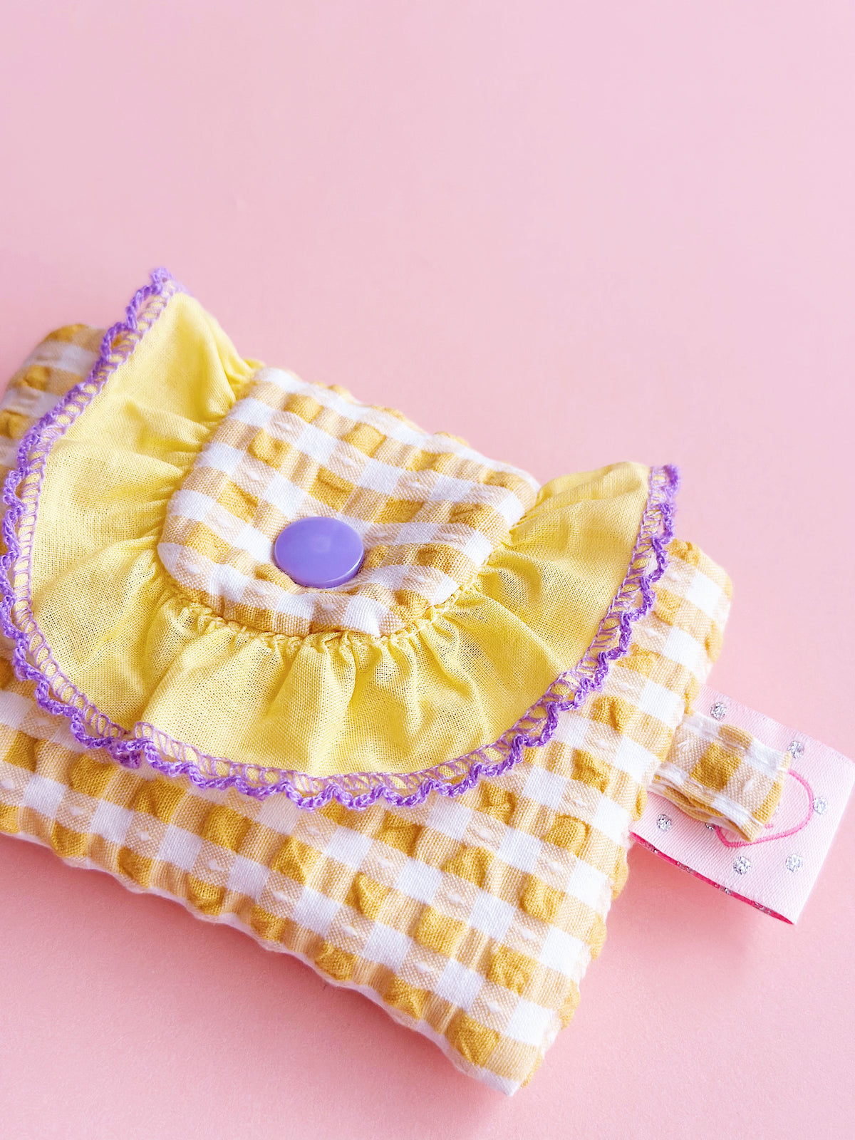 Yellow Gingham Ruffles Card Holder | Handmade Cute Padded Snap Wallet