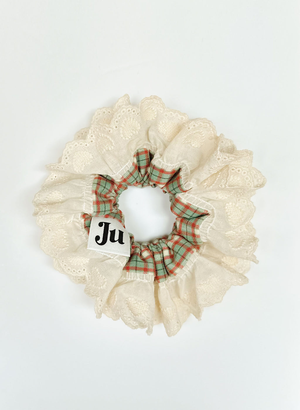 Voluminous White Lace Ruffle Scrunchie with Green & Red Tartan Detail - Classic Holiday Elegance