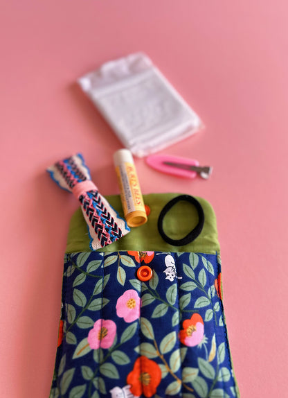 Navy Floral Cat Print Snap Pouch | Soft Quilted Mini Wallet