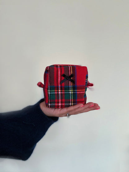 Red tartan large makeup bag with black embroidered lace ruffles and bow, padded Christmas cosmetic pouch.