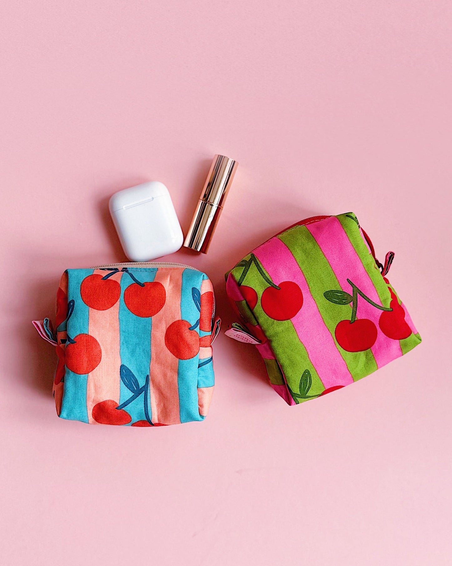 Cherry Print Make Up Pouch | Padded Cube Zipper Bag