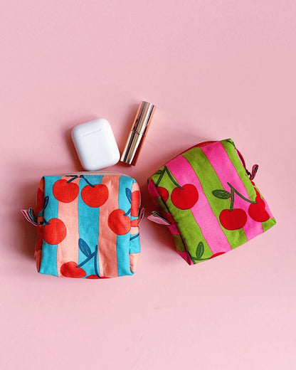 Cherry Print Make Up Pouch | Padded Cube Zipper Bag