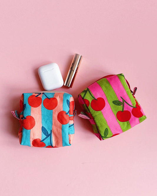 Cherry Print Make Up Pouch | Padded Cube Zipper Bag