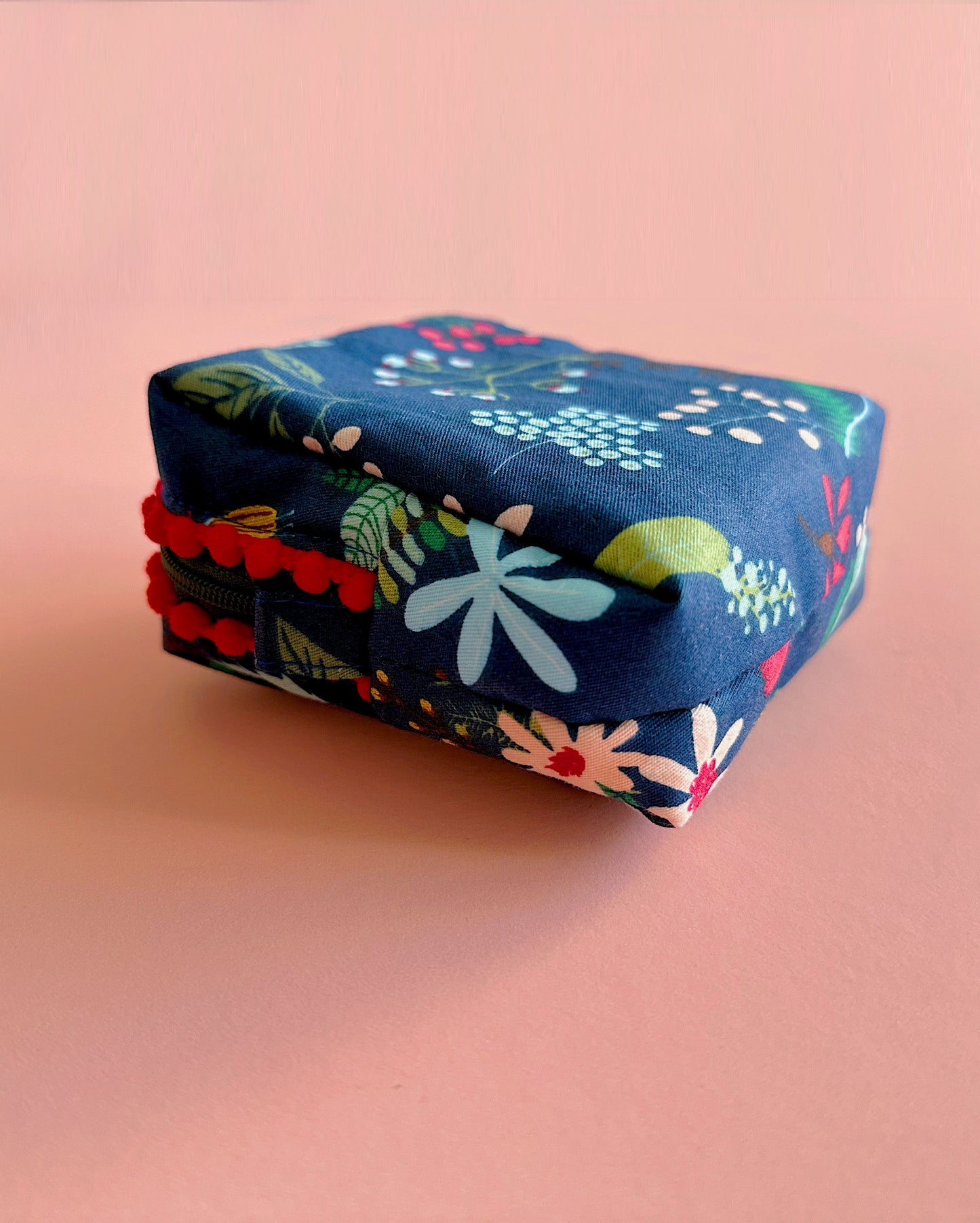 Navy Christmas Floral Pom Pom Zipper Pouch