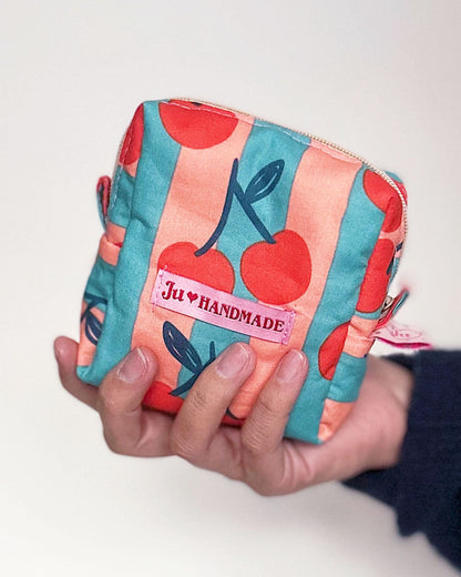 Cherry Print Make Up Pouch | Padded Cube Zipper Bag
