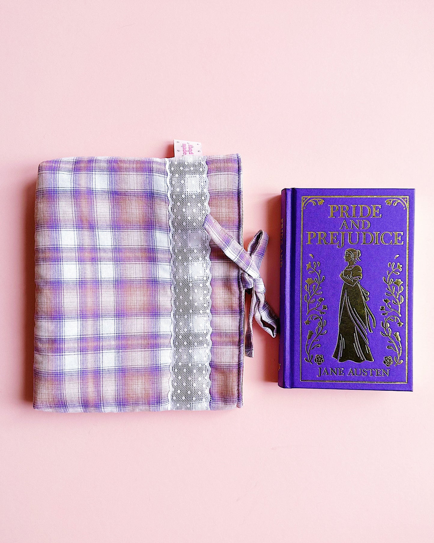 Lavender Plaid Quilted Book Sleeve with Lace & Bow