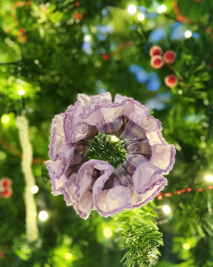 Lavender Frost Gingham Scrunchie – Festive Pastel Hair Tie