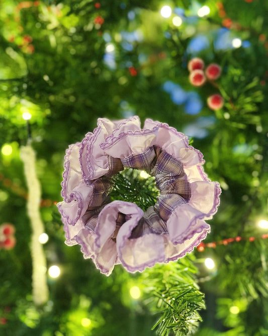 Lavender Frost Gingham Scrunchie – Festive Pastel Hair Tie