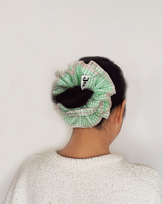Mint Green Gingham Scrunchie – Ruffle Hair Tie, Cute Aesthetic Hair Accessory