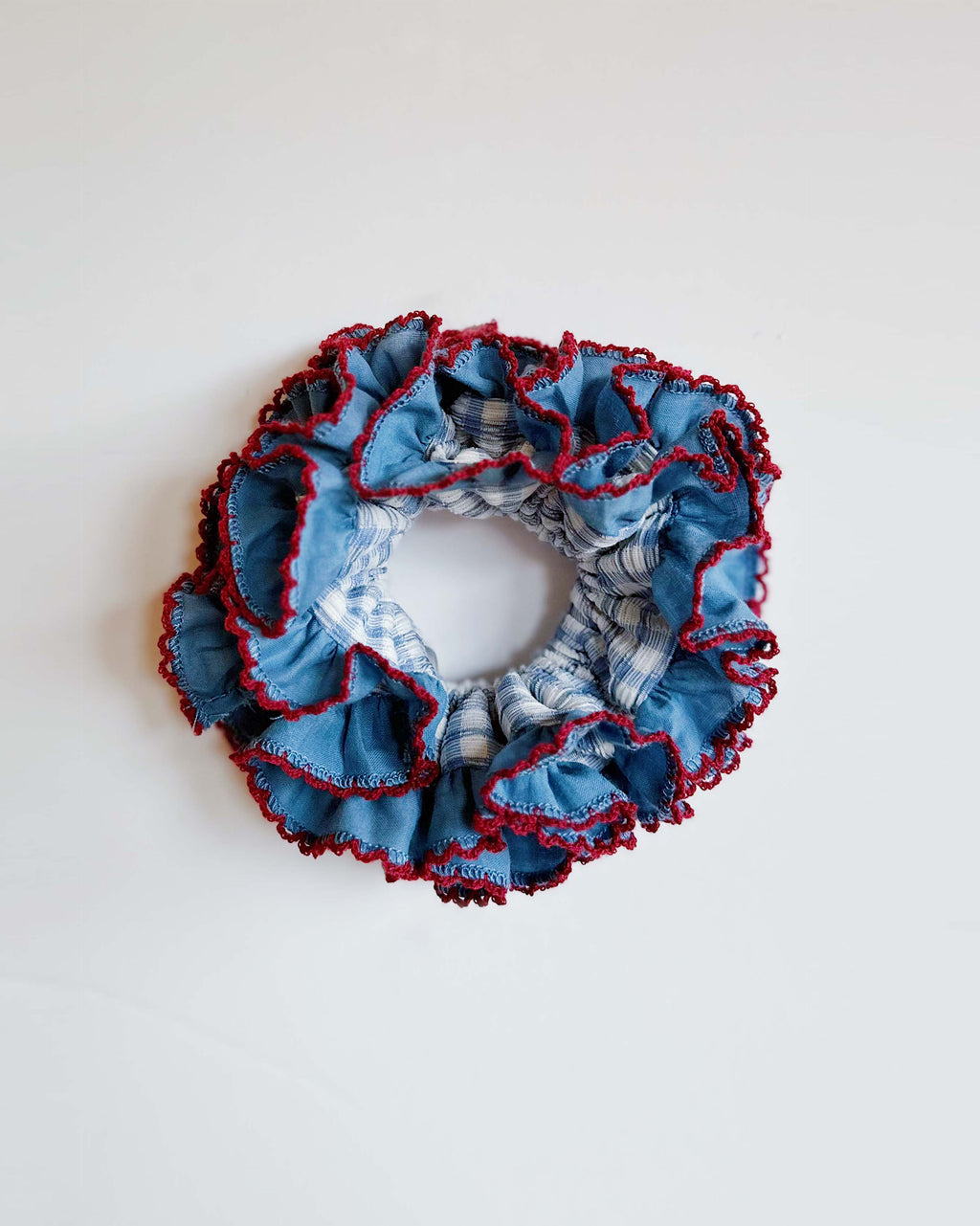 Vintage Blue Gingham Frilly Scrunchies