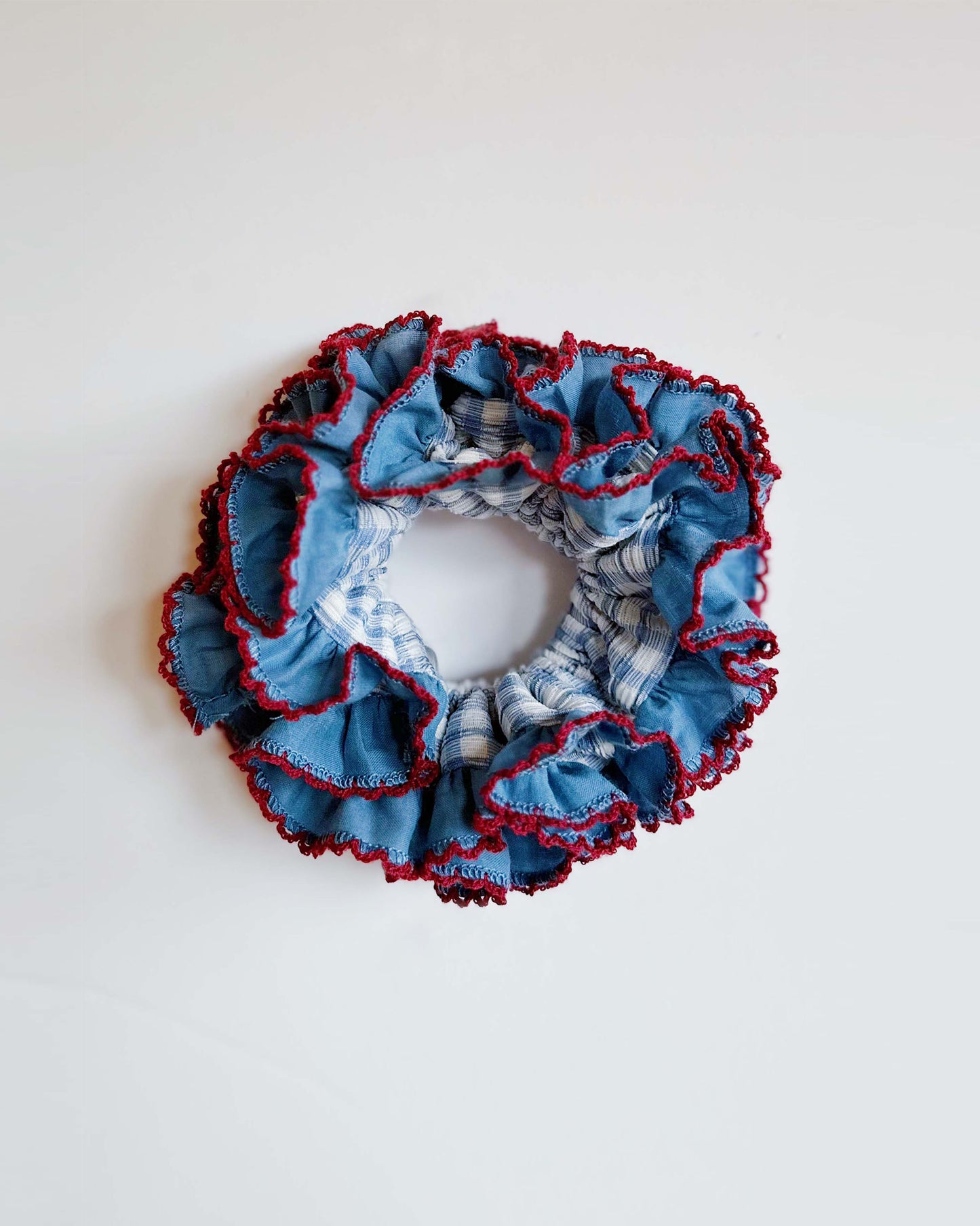 Vintage Blue Gingham Frilly Scrunchies