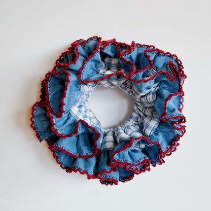 Vintage Blue Gingham Frilly Scrunchies
