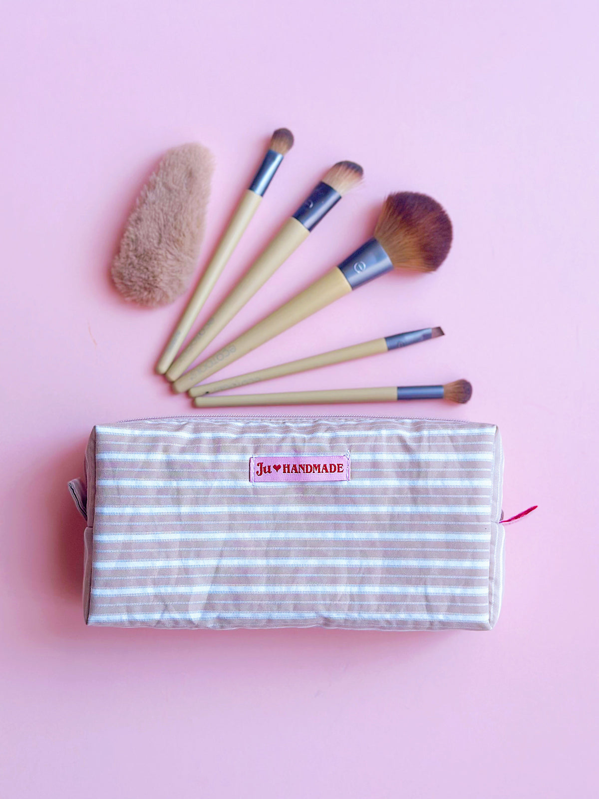 pastel brown striped zip pouch can fits all make up brushes and make up products