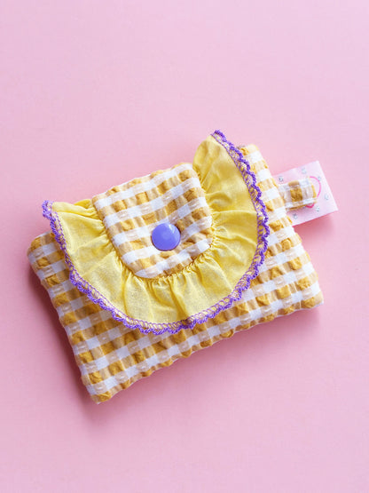 Yellow Gingham Ruffles Card Holder | Handmade Cute Padded Snap Wallet