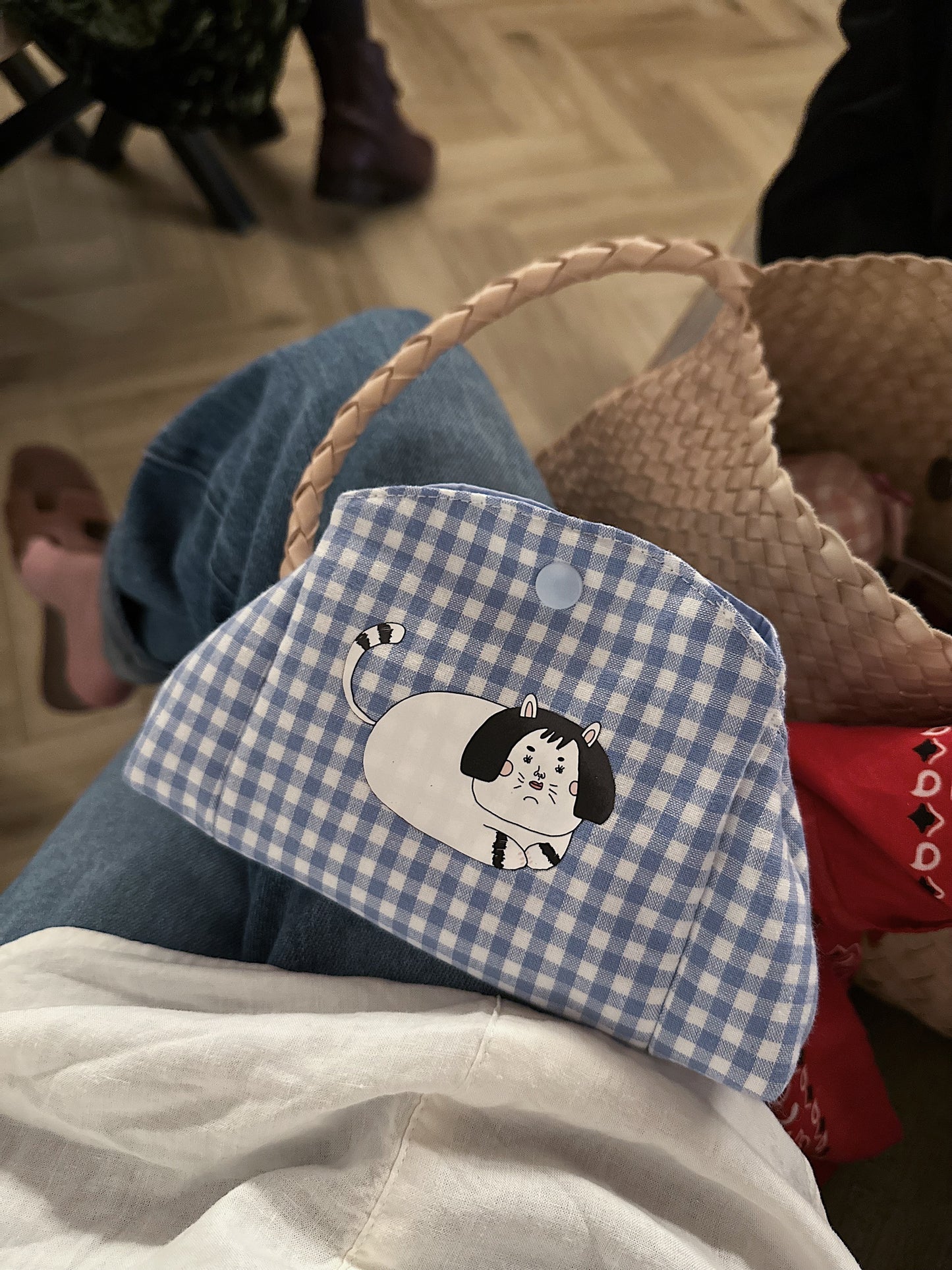 Gingham Cat Snap Pouch | Cute Cotton Coin & Card Purse