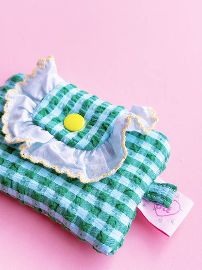 Green Gingham Ruffles Card Holder | Handmade Padded Snap Wallet