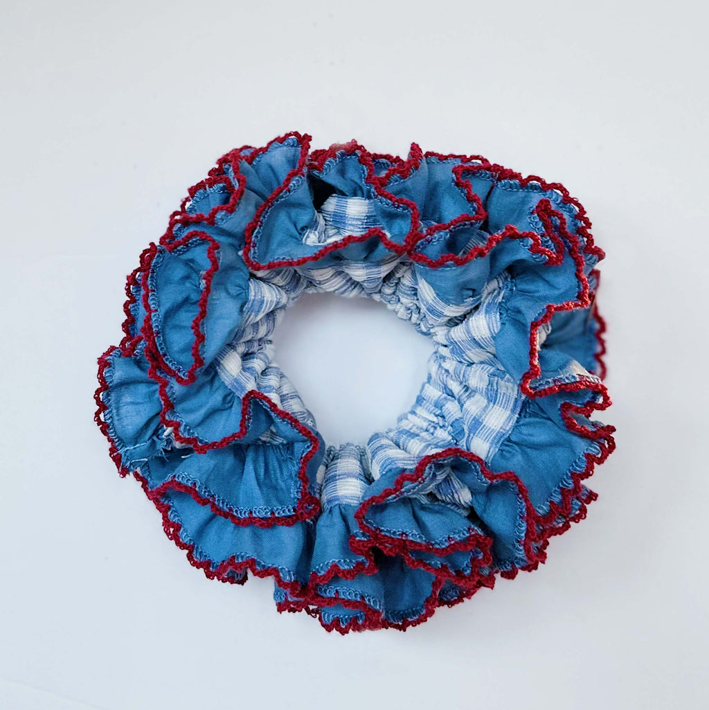 Vintage Blue Gingham Frilly Scrunchies