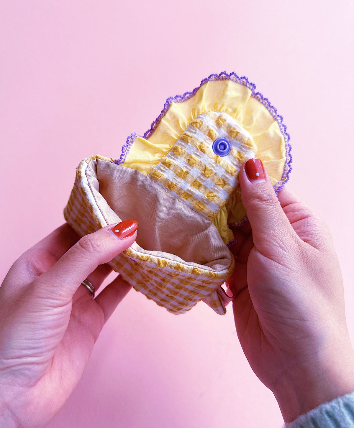 Yellow Gingham Ruffles Card Holder | Handmade Cute Padded Snap Wallet